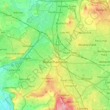 Topografische Karte Wolverhampton, Höhe, Relief
