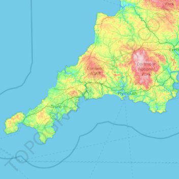 Topografische Karte Cornwall, Höhe, Relief