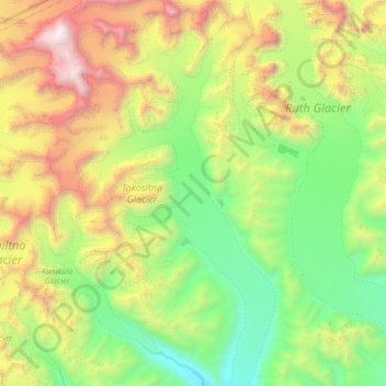 Topografische Karte Tokositna Glacier, Höhe, Relief