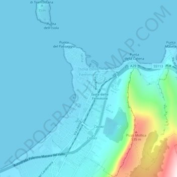 Topografische Karte Isola delle Femmine, Höhe, Relief