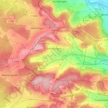 Topografische Karte Simmozheim, Höhe, Relief