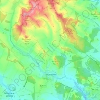 Topografische Karte Cranborne, Höhe, Relief