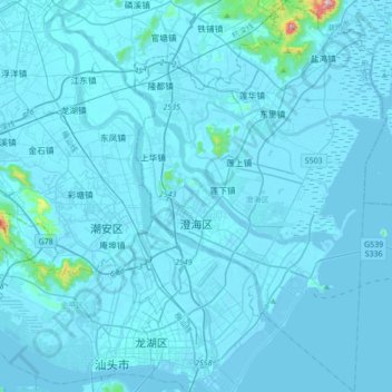Topografische Karte 澄海区, Höhe, Relief