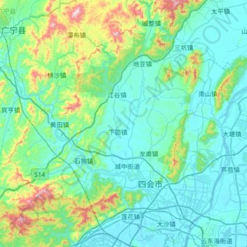 Topografische Karte 四会市, Höhe, Relief