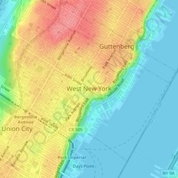 Topografische Karte West New York, Höhe, Relief