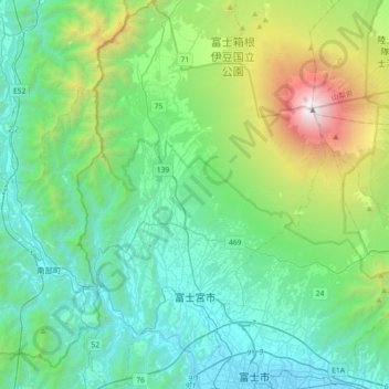 Topografische Karte Fujinomiya, Höhe, Relief