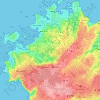 Topografische Karte Pleumeur-Bodou, Höhe, Relief