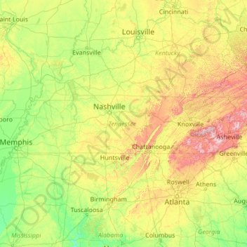 Topografische Karte Tennessee, Höhe, Relief