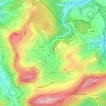 Topografische Karte Mandach, Höhe, Relief