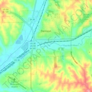 Topografische Karte Denison, Höhe, Relief