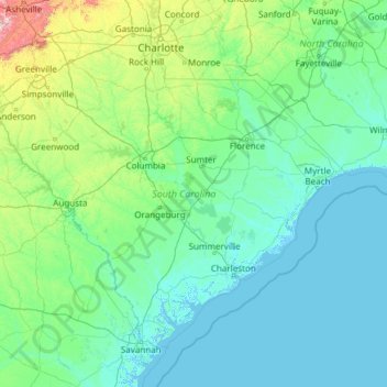 Topografische Karte South Carolina, Höhe, Relief