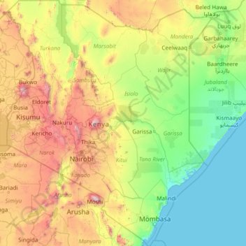 Topografische Karte Kenia, Höhe, Relief