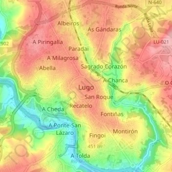 Topografische Karte Луго, Höhe, Relief