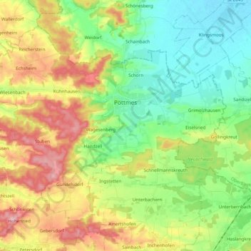 Topografische Karte Pöttmes, Höhe, Relief