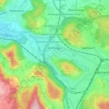 Topografische Karte Wülflingen, Höhe, Relief