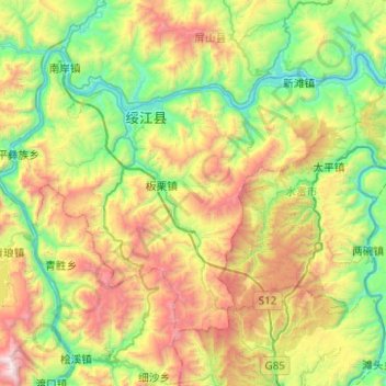 Topografische Karte 绥江县, Höhe, Relief