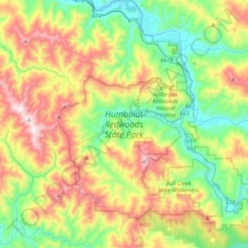 Topografische Karte Humboldt Redwoods State Park, Höhe, Relief