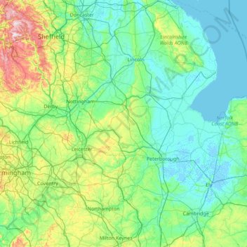 Topografische Karte East Midlands, Höhe, Relief