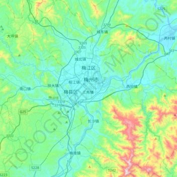 Topografische Karte 梅江区, Höhe, Relief