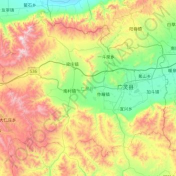 Topografische Karte 广灵县, Höhe, Relief