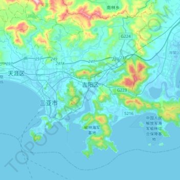 Topografische Karte 吉阳区, Höhe, Relief