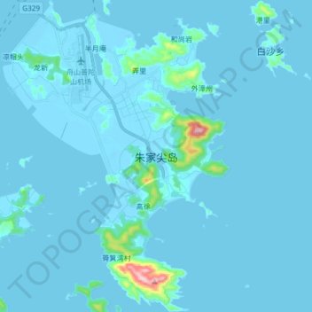 Topografische Karte 朱家尖岛, Höhe, Relief