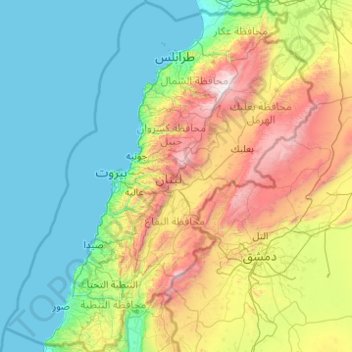Topografische Karte Libanon, Höhe, Relief