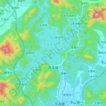 Topografische Karte 汤溪镇, Höhe, Relief