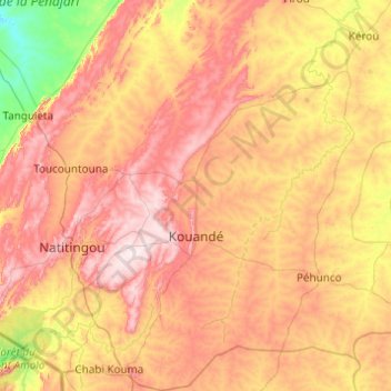 Topografische Karte Kouandé, Höhe, Relief