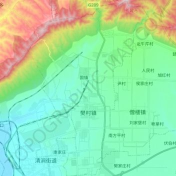 Topografische Karte 樊村镇, Höhe, Relief