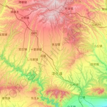 Topografische Karte 淳化县, Höhe, Relief