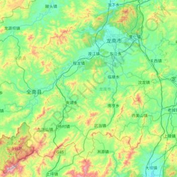 Topografische Karte 龙南市, Höhe, Relief