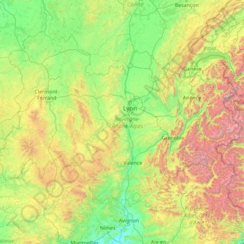 Topografische Karte Auvergne-Rhone-Alpen, Höhe, Relief