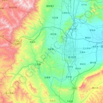 Topografische Karte 忻府区, Höhe, Relief