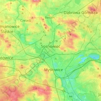Topografische Karte Sosnowiec, Höhe, Relief