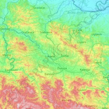 Topografische Karte Tuzlanski kanton, Höhe, Relief