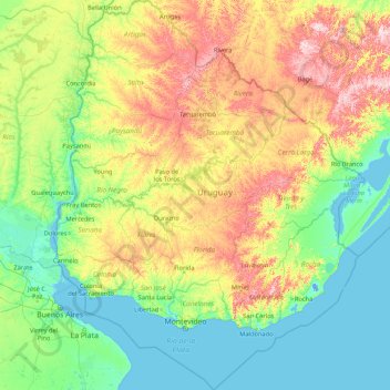 Topografische Karte Uruguay, Höhe, Relief