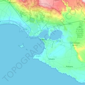 Topografische Karte Tarento, Höhe, Relief