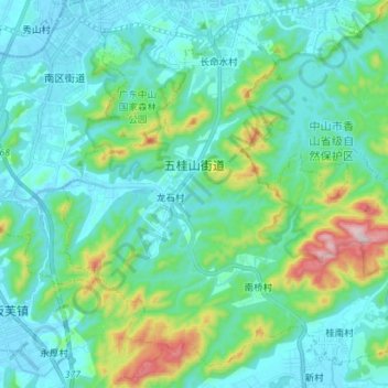 Topografische Karte 五桂山街道, Höhe, Relief