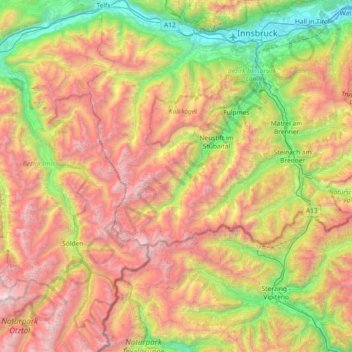 Topografische Karte Stubaier Alpen, Höhe, Relief