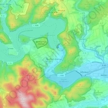 Topografische Karte Hemfurth-Edersee, Höhe, Relief