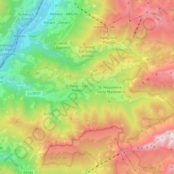 Topografische Karte Villnößtal - Val di Funes, Höhe, Relief