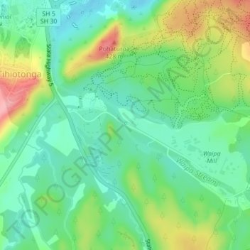 Topografische Karte Waipa Stream, Höhe, Relief
