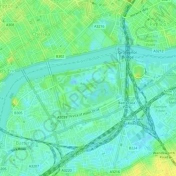 Topografische Karte Battersea Park, Höhe, Relief