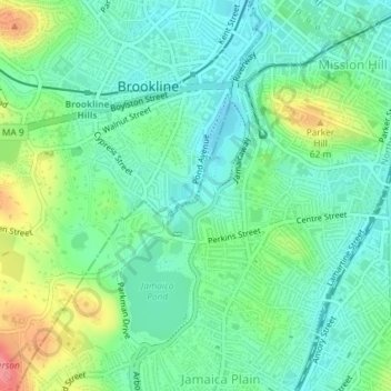 Topografische Karte Brookline, Höhe, Relief