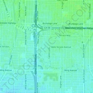 Topografische Karte City of Bakersfield, Höhe, Relief