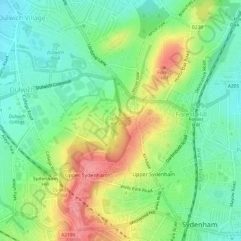 Topografische Karte Sydenham Hill Wood, Höhe, Relief
