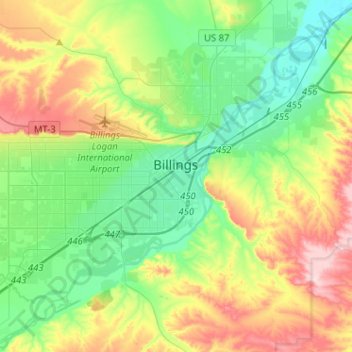 Topografische Karte Billings, Höhe, Relief