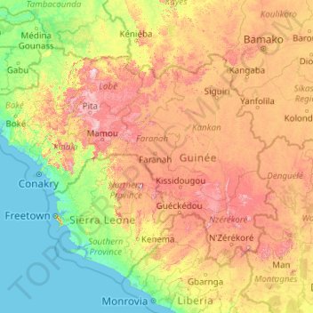Topografische Karte Guinea, Höhe, Relief
